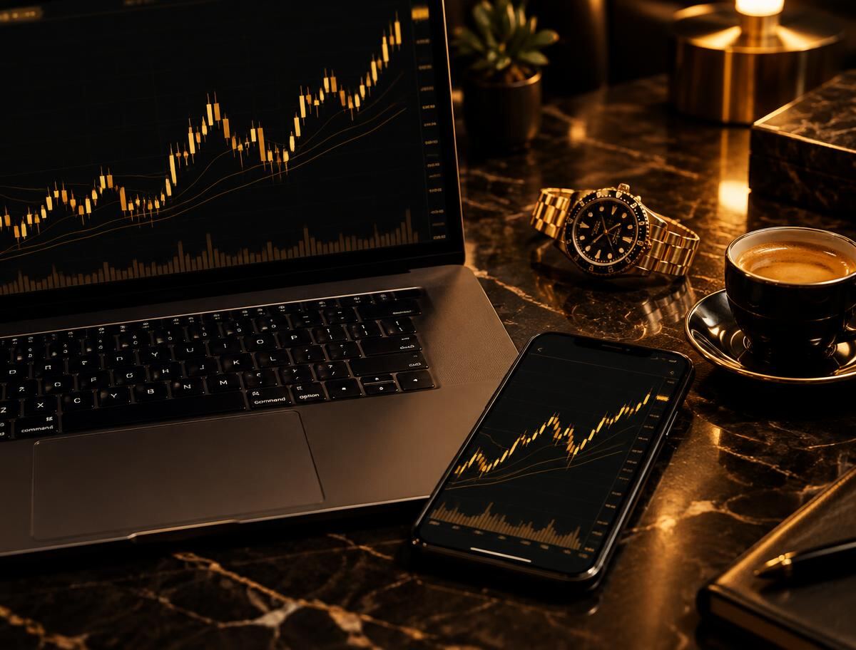 Laptop and phone showing gold trading charts