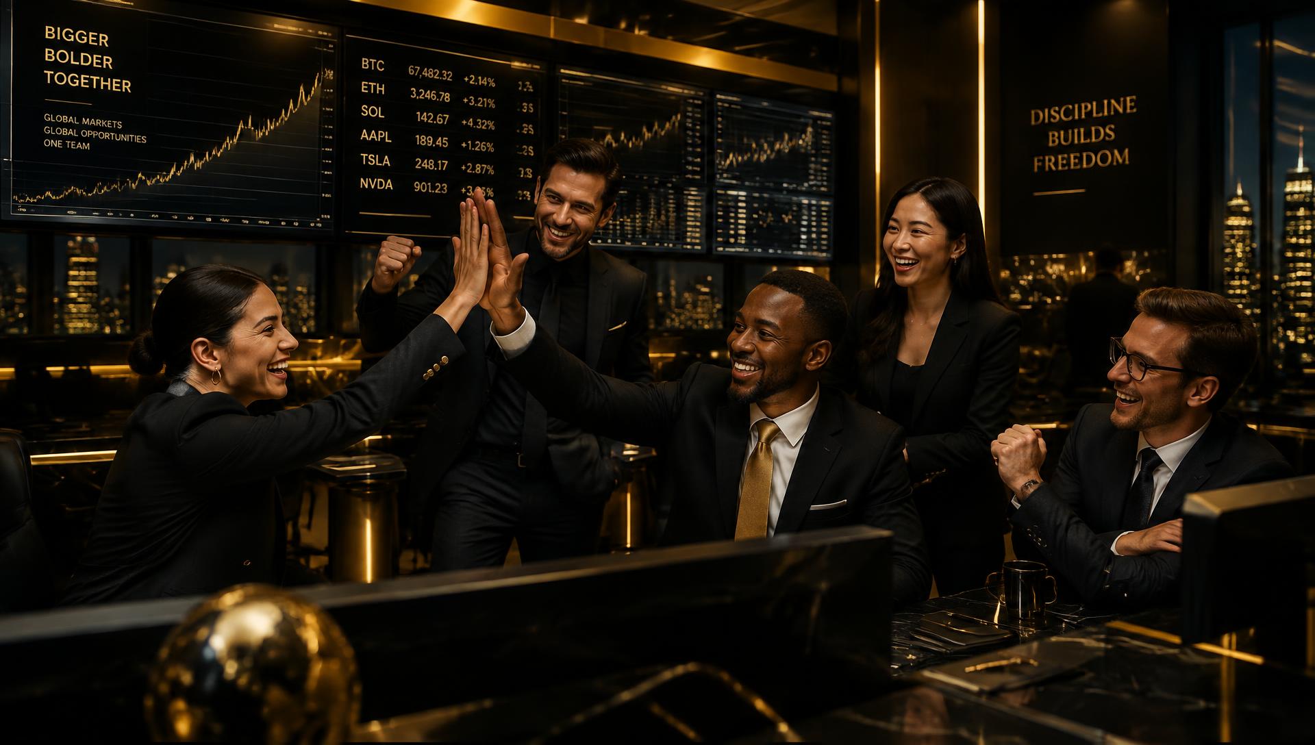Luxury trading desk with multiple chart monitors